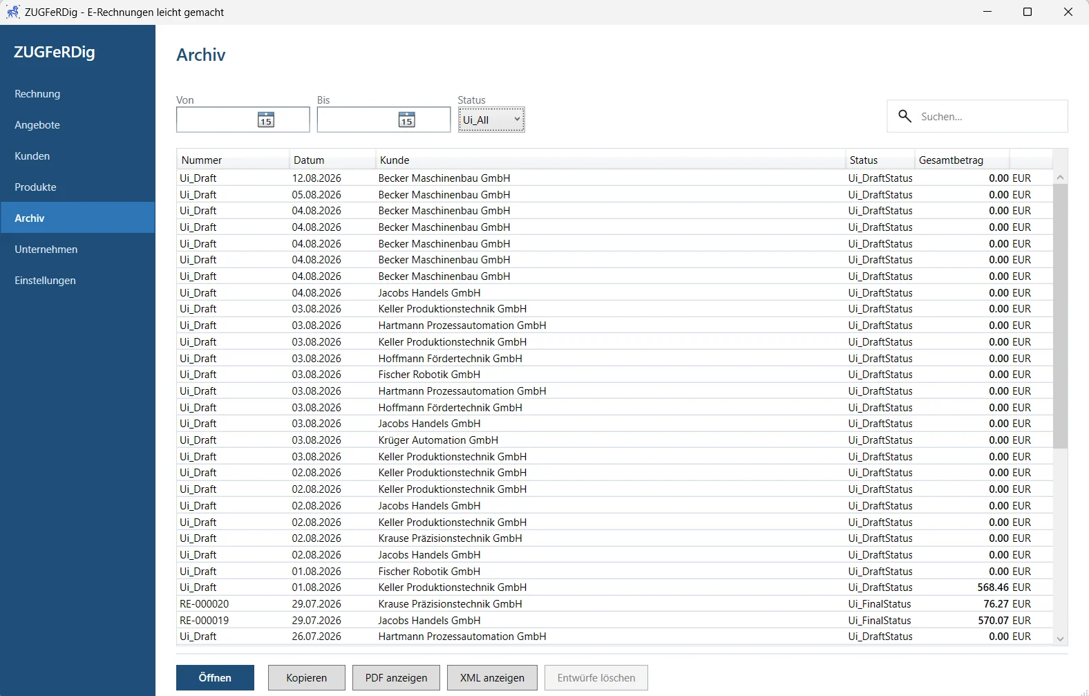 The ZUGFeRDig archive showing a list of finalised invoices and drafts