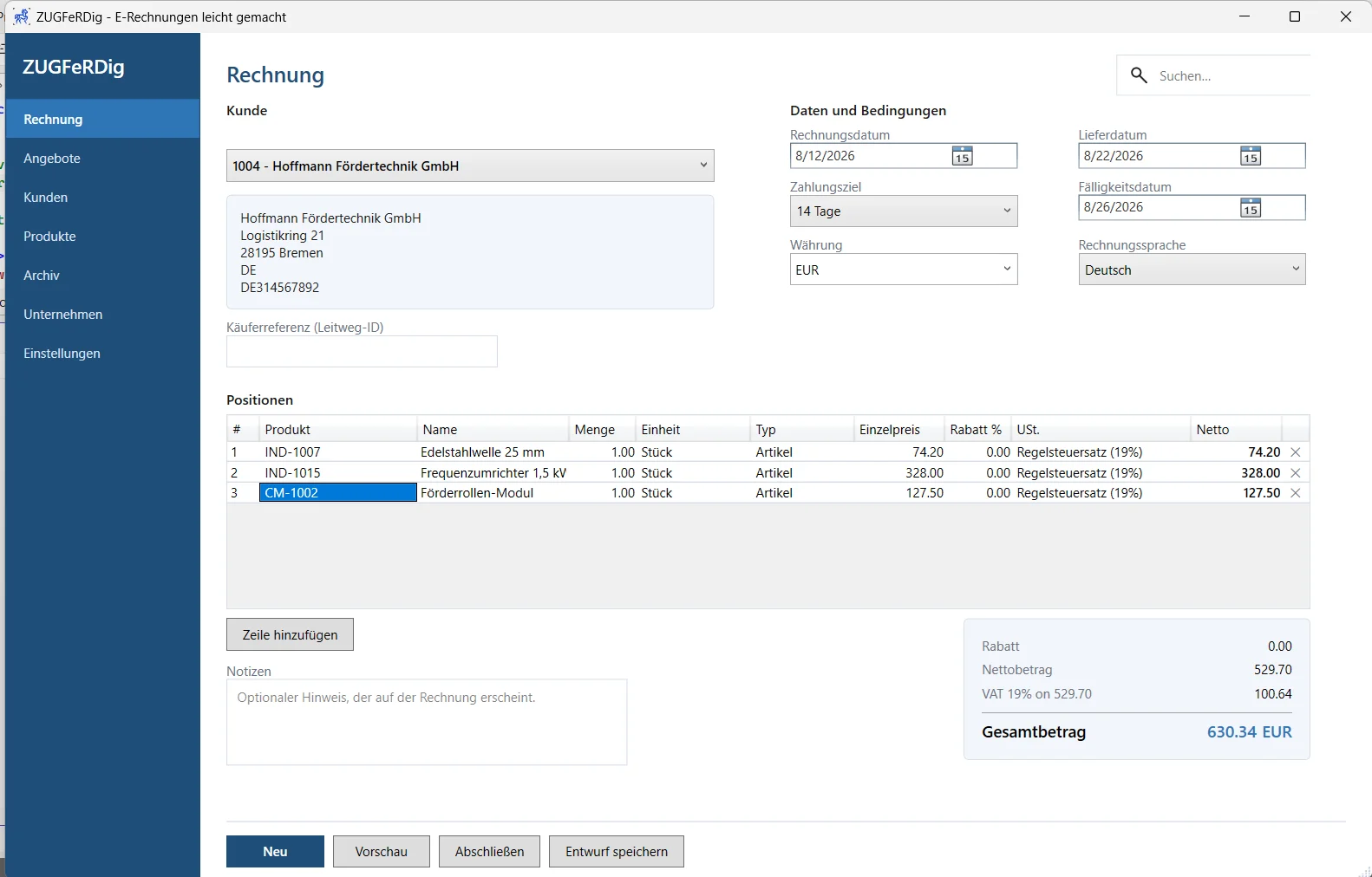 The ZUGFeRDig invoice screen: customer selection, invoice lines with VAT rates, totals and payment terms