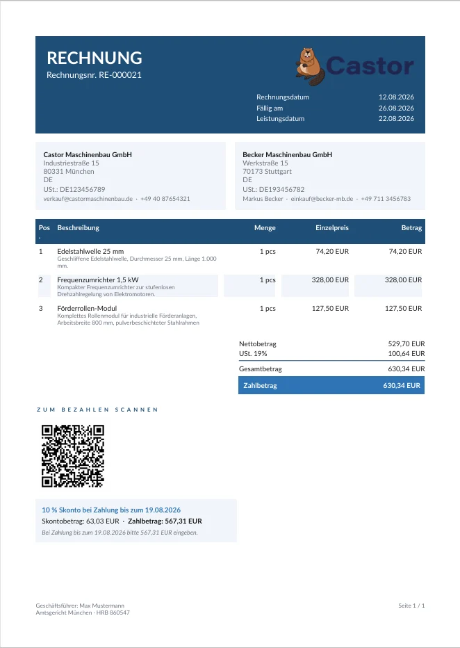 A finished ZUGFeRD invoice as a PDF with company logo, line items and bank details
